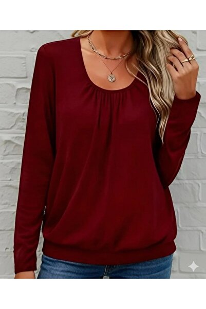 Zerenyus Women's Long Sleeve Round Neck Viscose Blouse Burgundy