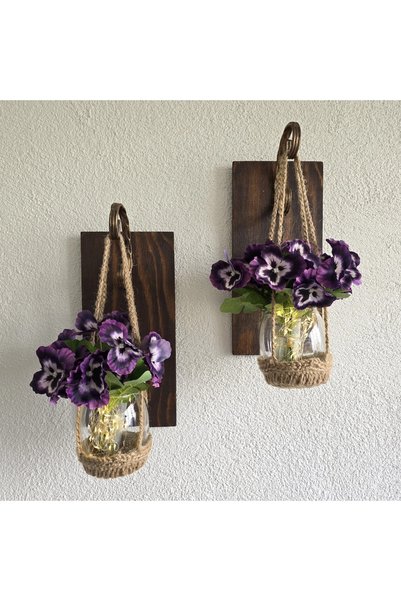 STDEKOR Wall Decoration, Led Lighted, Purple Violet Flowers, Walnut Sconce Set of Two