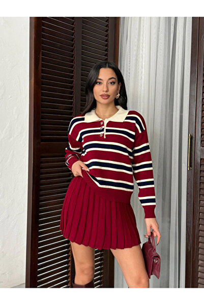 Lusin Women's Burgundy Striped Polo Neck Sweater Skirt Two-Piece Knitwear Set