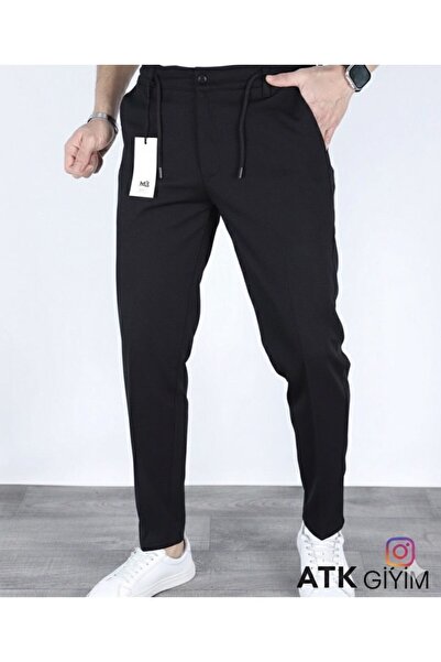 ATKGİYİM بنطلون رجالي من القماش ذو قصة عادية بأزرار وخصر مرن ورباط كاجوال أسا...