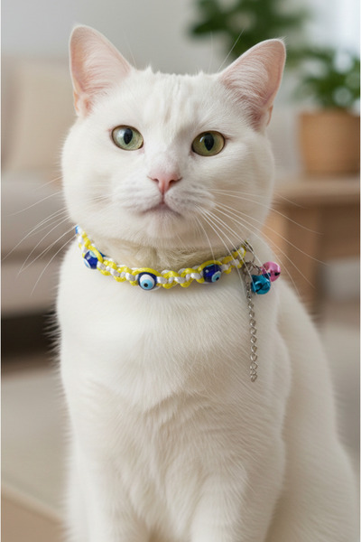 balkonda طوق قطط قابل للتعديل مع خيط مضفر وخرز أصفر على شكل عين الحسد وجرس