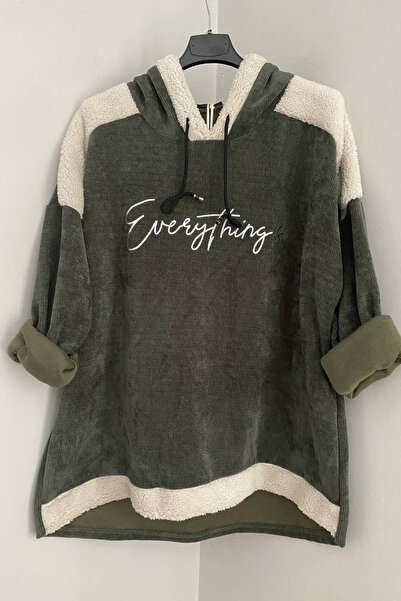 AYASOFYA OTANTIK Bluză de catifea casual pentru femei, kaki italian, cu model scris de mână, cu glugă Swea tricou Cap