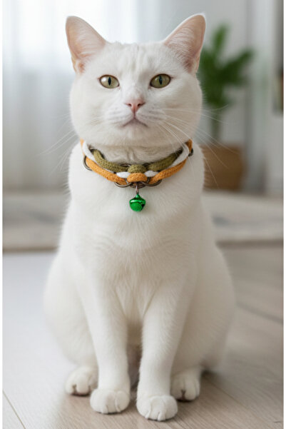 balkonda Cat Collar Leash Adjustable Macrame Rope Braided Green Yellow White with Bell