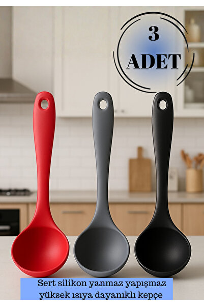 BRE HOME 3'lü Silikon Kepçe Seti – Yanmaz Yapışmaz, Yüksek Isıya Dayanıklı, E...