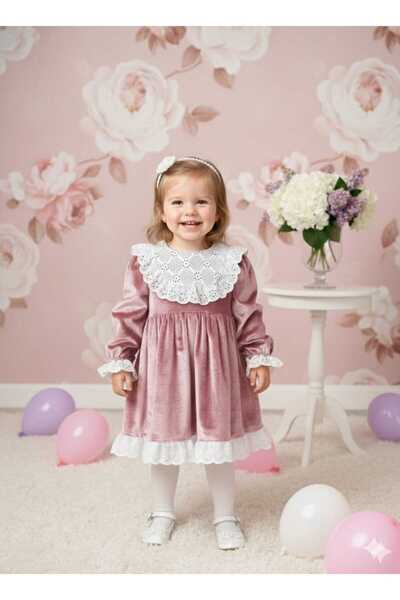 penu baby kids Dusty Rose Lace Detailed Velvet Cotton Lined Girls' Baby Dress