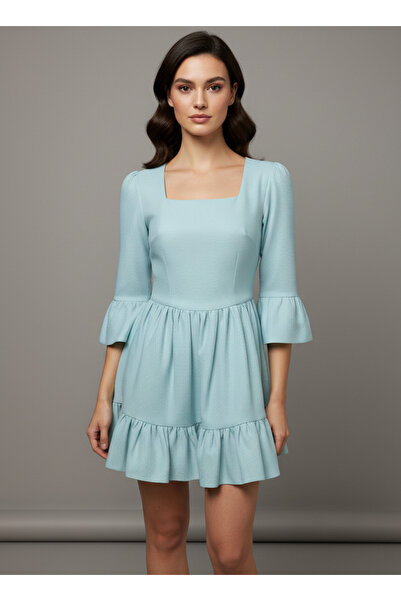 obelleatelier Obelle Ruffled Women's Square Neck Short Green Dress
