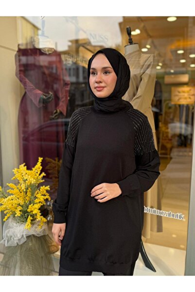 Tığ Triko Omuzlar Taş Baskılı Rayon Tunik 21723 Siyah