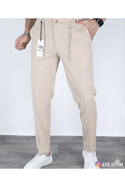 ATKGİYİM بنطلون رجالي من القماش ذو قصة عادية بأزرار وخصر مرن ورباط كاجوال أسا...