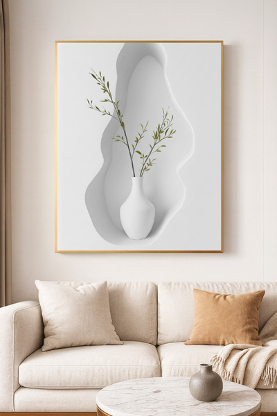 sayetablo Stillness Beyaz 01 - Gerçek Cama Baskı Gold Alüminyum Metal Çerçeveli Tekli Modern Çiçekli Tablo