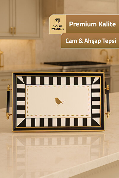 Mutfiko صينية تقديم ذهبية الإطار من الزجاج والخشب، صينية أنيقة للتقديم والضيافة مقاس 46 × 28