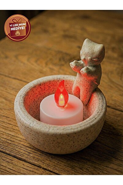 GEESTECH Dekoratif Sevimli Kedi Figürlü Tealight Mumluk - Led Mum Hediyeli - ...