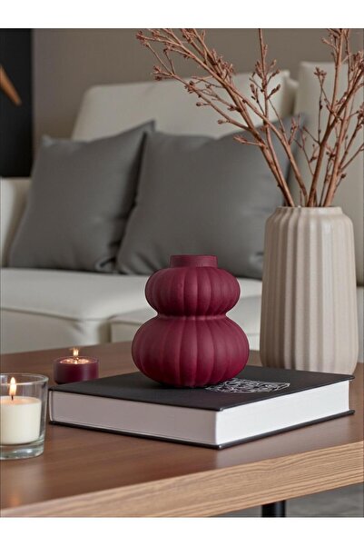 Porselian Boğumlu Çizgili Eskitme Görünümlü Dekoratif Vazo 14x13 cm Bordo Salon Obje