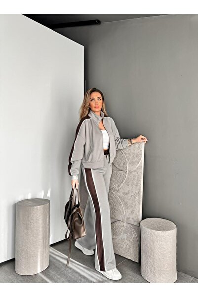 Zerrincan Giyim Gri Şeritli Biyeli Modal Spor Takım