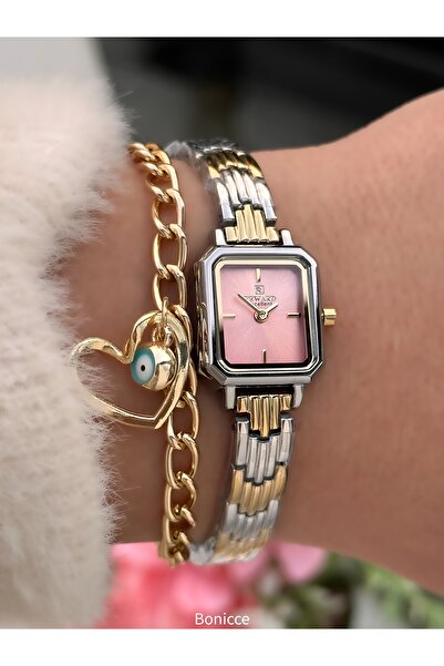 Reward ساعة يد نسائية بتصميم بسيط، مينا وردي، سوار فولاذي أصفر، مع سوار هدية