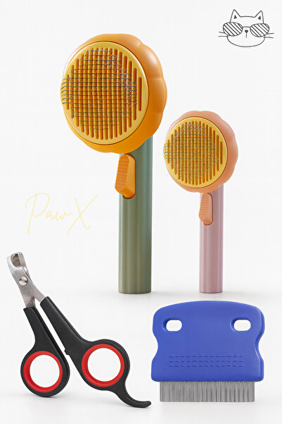 PawX Kedi Köpek Tüy Toplama Seti – Bal Kabağı Tasarımlı Basmalı Tarak + Tırnak Makası + Bit Pire Tarağı