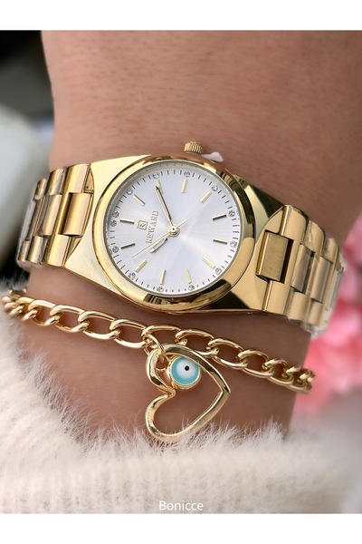 Reward ساعة نسائية، مينا أبيض، سوار فولاذي أصفر، في علبة أنيقة، مع سوار هدية