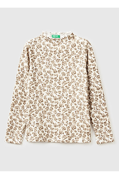 Benetton Baskılı Bej Kız Çocuk T-Shirt 39EMC10RE