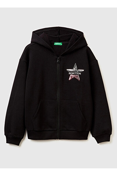Benetton United Colors of Siyah Kız Çocuk Payetli Sweatshirt 39M2C505O