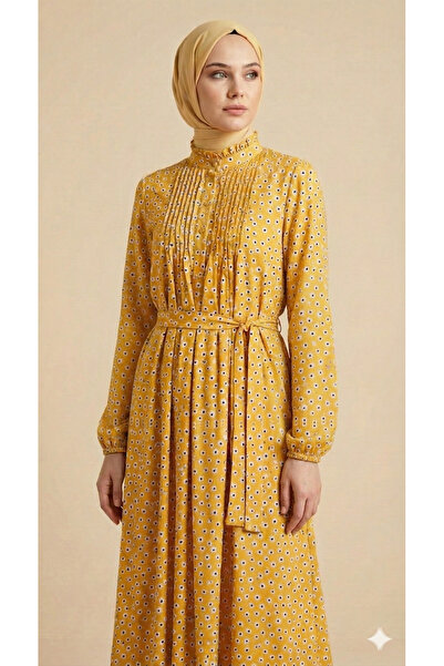 diğerr1 Desenli Büzgü Detaylı Bel Bağcıklı Elbise