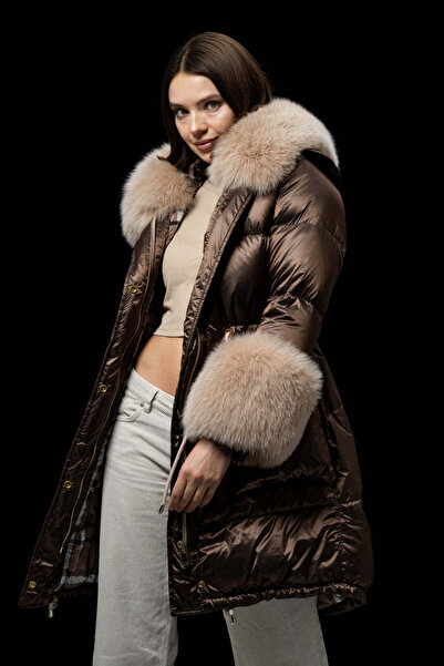 FLO CLO Waterproof Long Brown Casual Fur Collar Jacket