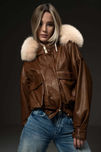FLO CLO Brown Leather Jacket With Fur Collar