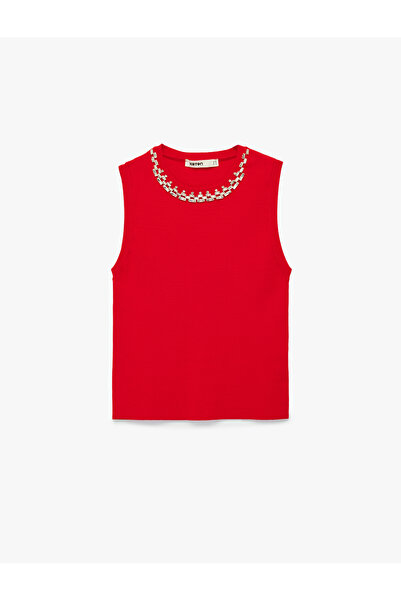 Koton Crew Neck Sleeveless Rhinestone Knit Blouse