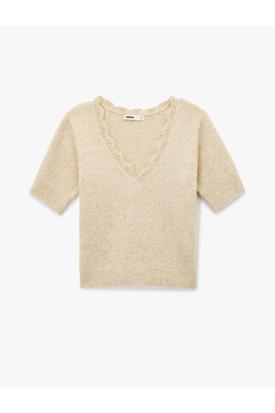 Koton X Şahika Ercümen - Short Sleeve Lace Detailed V-Neck Knitwear Sweater
