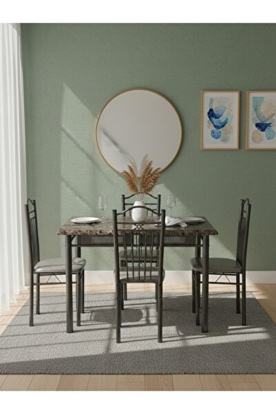 BEC16 طاولة طعام مودرن حديد 4 كراسي وسطح خشبي رخامي فاخر