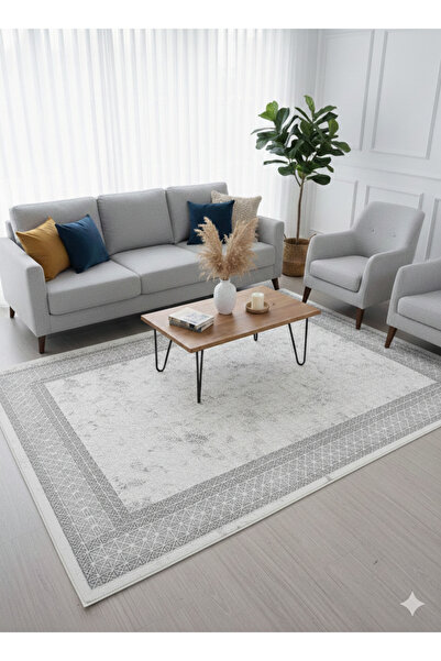 Yayla Home Geometrik Kenar Desenli Açık Gri Halı - Modern ve Minimal Tasarım