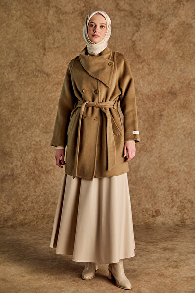 Setrms Mendil Yaka Kruvaze Kuşaklı Yün Kaban