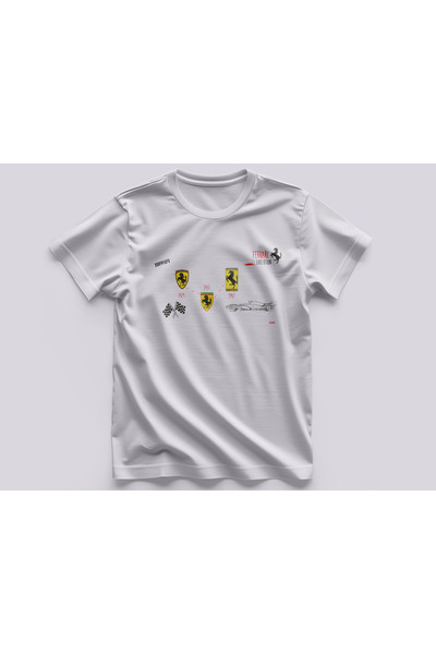 karikatürstore Formula 1 Ferrari Logo Evrimi Baskılı Kaliteli T-shirt