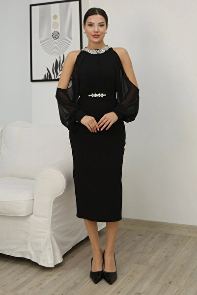 lodmela Rochie de seara cu maneca balon cu pietre aplicate 2261-Negru