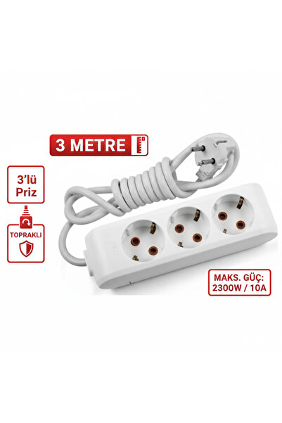 Lunitech 3 Metre Kablolu Topraklı Ara Kablosu Uzatmalı Seyyar 3lü Grup Priz