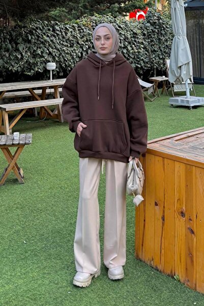 lamelif Three Thread Kangaroo Pocket Sweatshirt Bitter Brown