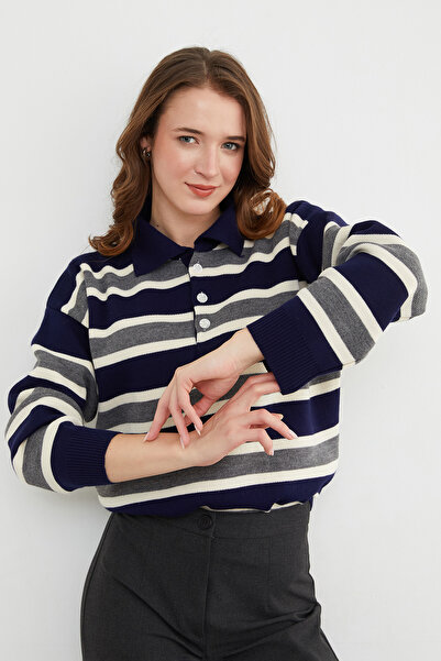 Fulla Moda Striped Half Button Polo Neck Knitwear Sweater