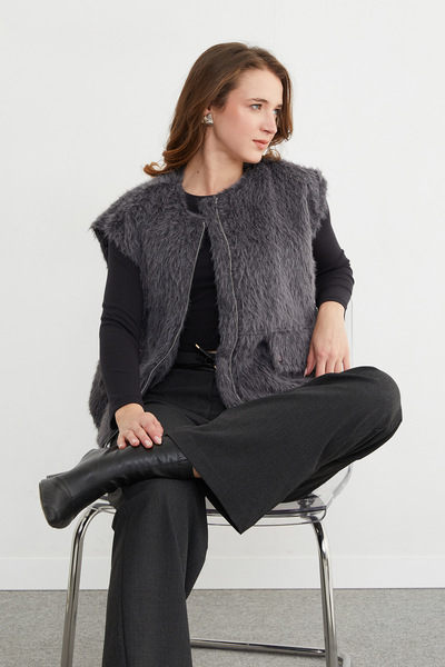 Fulla Moda Bomber Plush Vest with Pocket Detail