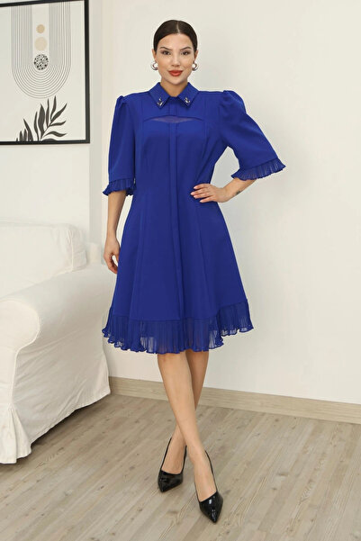 lodmela فستان بتفاصيل كشكشة على شكل ياقة قميص وتفاصيل من التول 2309- أزرق بلو...