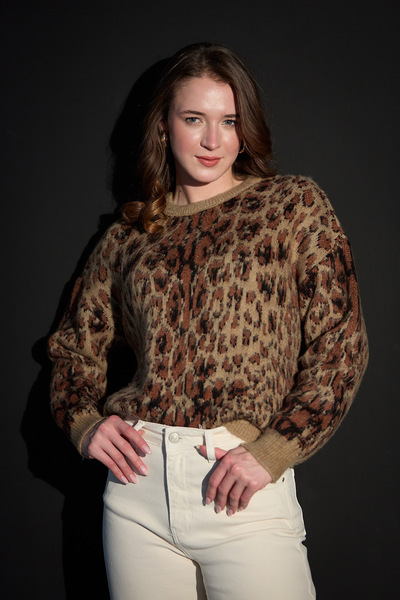 Fulla Moda Leopard Patterned Casual Knit Sweater