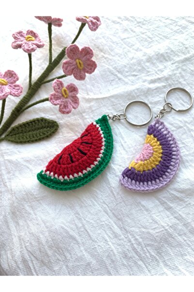 Miniminiigne amigurumi el yapımı karpuz ve gökkuşağı anahtarlık