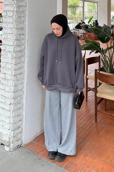 lamelif Hooded Oversized Sweatshirt with Side Pockets Anthracite