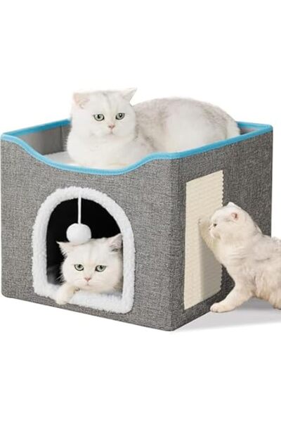 Xess SKY-TOUCH Foldable Cat House Cave Bed with Scratching Board & Fluffy Ball, Indoor Cat Igloo Bed for
