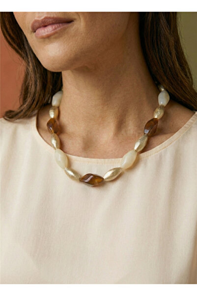 Pelin Aksesuar Retro Style Coffee Cream and Gold Color Twist Shaped Chunky Acrylic Beads Necklace