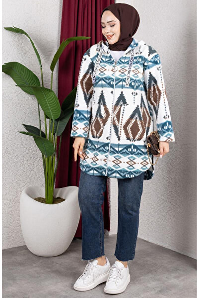 sefamerve Patterned Hooded Plush Cardigan 2062-07 Mint Green