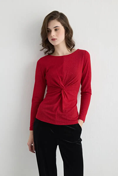 Gusto Sparkly Waist-Fitted Evening Blouse - Red
