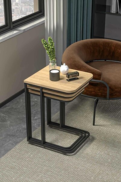 Reyo Falez Zigon Sehpa 3'lü Tekerlekli Metal Ayaklı Yan Sehpa Karina Meşe