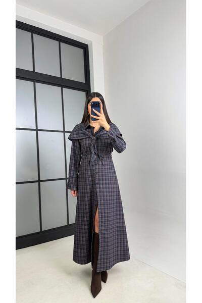Gaus Dusty Rose Shawl Detailed Belted Plaid Dress Gaus-00863