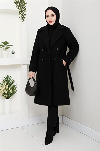Neşeli Butik Жіночий пальто з підкладкою, довжиною до коліна, з деталями на плечах та ґудзиками NBFT005