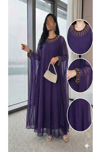 Haifa Fashion Long chiffon evening dress in purple with hand embroidery, kaftan