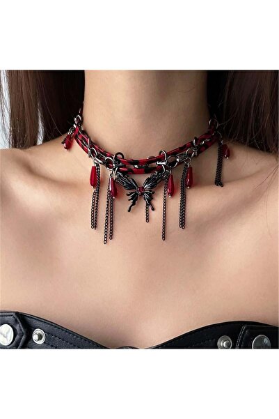 Pelin Aksesuar Gothic Style Red Leopard Print Black Butterfly and Chain Dangle Choker