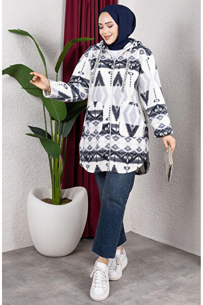 sefamerve Patterned Hooded Plush Cardigan 2062-15 Gray